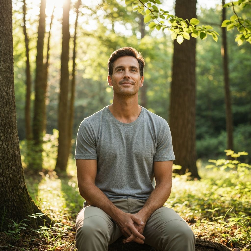 Man in nature experiencing wellbeing